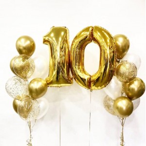 Фонтан из воздушных шаров с цифрой 10 золото